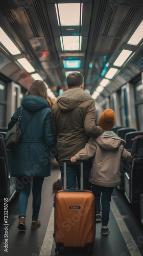 A family travelling together on a train, the child is pulling the suitcase towards the exit door