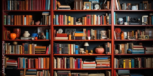 An eclectic bookshelf teeming with books of varied hues and an assortment of curios, creating a visual narrative of diverse interests and stories.