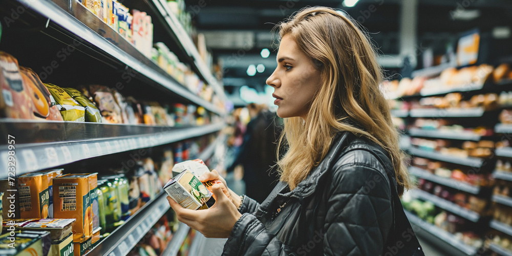 A curious woman gazes at a colorful product displayed on a shelf in a bustling convenience store, surrounded by the hustle and bustle of shoppers and the inviting scent of fresh groceries - obrazy, fototapety, plakaty 