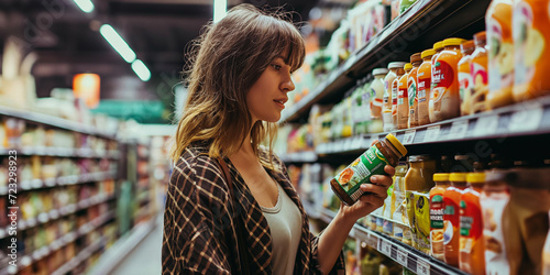 A contemplative woman stands in a bustling convenience store, scanning the crowded shelves for the perfect convenience food to add to her grocery store haul, reflecting on the trade of shopping and t photo