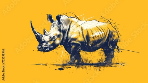  a drawing of a rhinoceros on a yellow background with a black and white drawing of a rhinoceros on the right side of the rhinoceros.