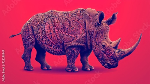  a drawing of a rhinoceros with intricate patterns on it's body and neck, on a pink background, with a red background that appears to be viewed from the side. © Nadia