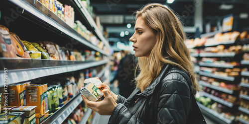 A curious woman gazes at a colorful product displayed on a shelf in a bustling convenience store, surrounded by the hustle and bustle of shoppers and the inviting scent of fresh groceries