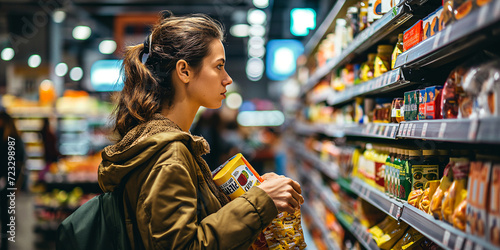 A woman in a stylish coat stands confidently in a bustling convenience store, clutching a bag of fresh groceries as she browses the well-stocked shelves photo