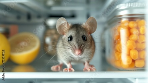 A small gray mouse with big eyes sits on an empty refrigerator shelf and looks at the camera