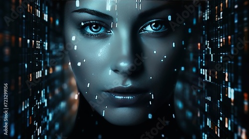 A woman's face on the background of binary code, a face with matrix digital numbers, the theme of artificial intelligence AI with a human face.A person looks into the camera using matrix signs and 