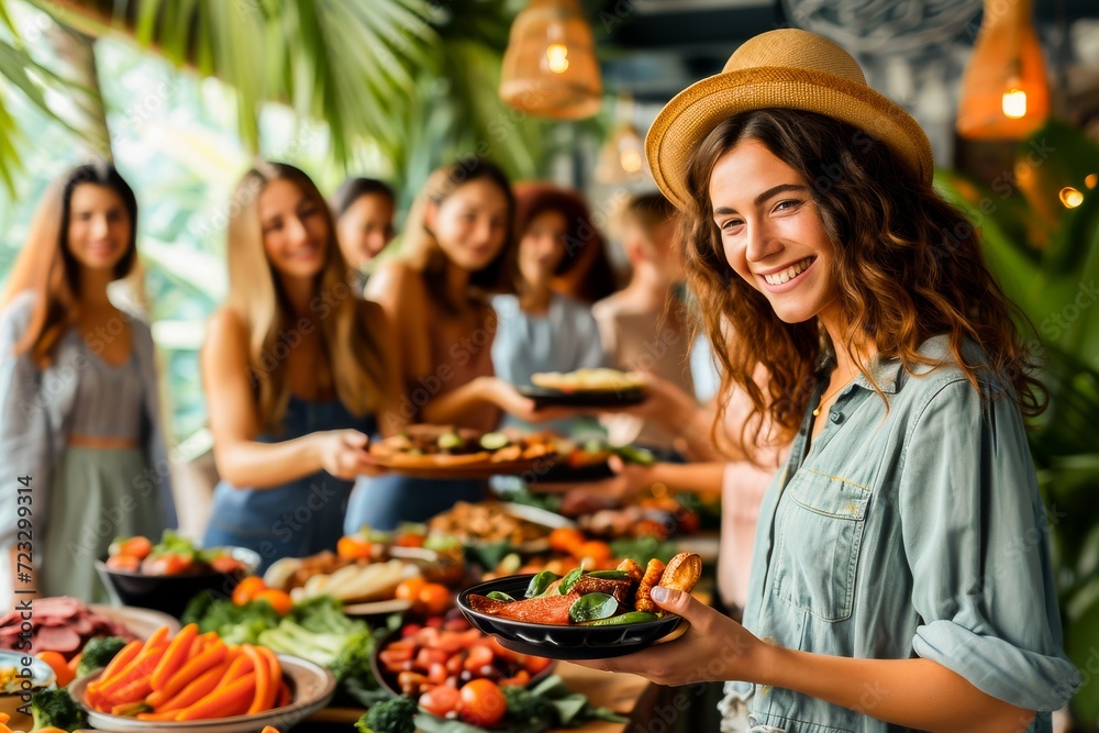 A joyful woman with a straw hat selecting healthy food from a buffet while enjoying a social gathering with friends.