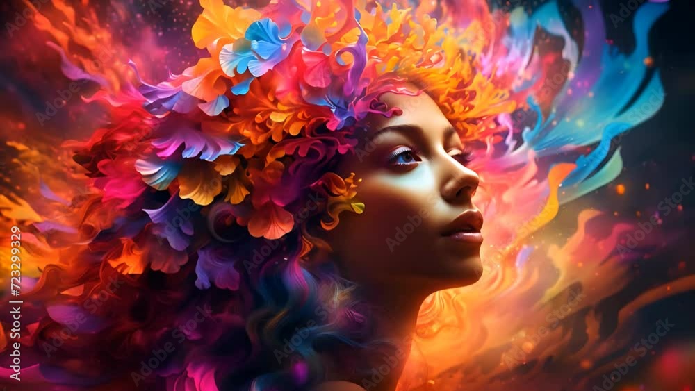 Colorful animation of a young woman head wearing abstract colored shapes in her hair Colorful animation of a young woman head wearing abstract colored shapes in her hair