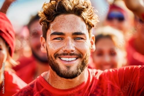 A joyful young man with curly hair and freckles smiling brightly at an outdoor summer event, surrounded by a festive crowd.