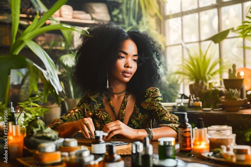 A young entrepreneur arranges her natural skincare products amidst a lush indoor garden setting.