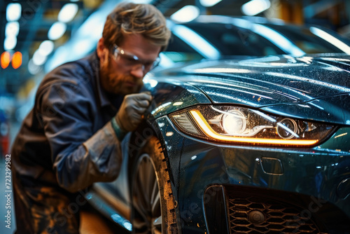 A car being painted by a mechanic in a workshop photo