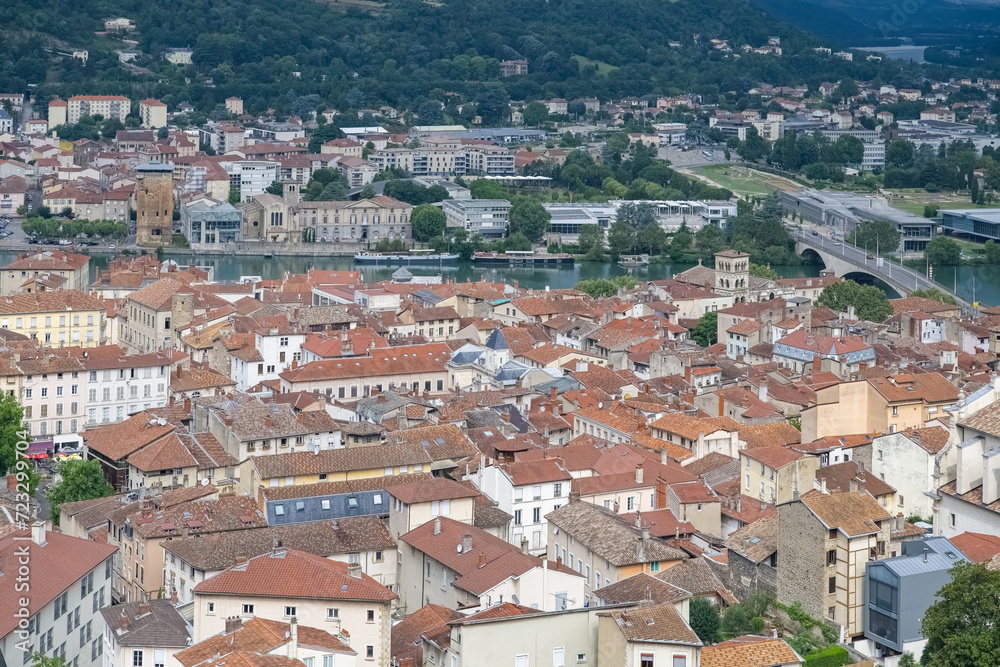 Aerial view of the scenic town of Vienne, France under a sunny sky