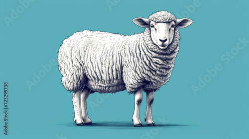  a white sheep standing on top of a blue floor next to a blue wall with a black outline of a sheep s head on it s left side.