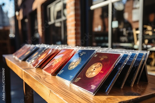Assorted vinyl records displayed on a wooden shelf in natural light