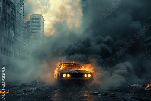 Capturing The Intense City Disaster: Smoky Car In Perfect Symmetry - Centered With Copy Space