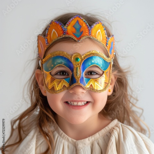 A five-year-old girl wearing a carnival mask laughs and looks at the camera o...