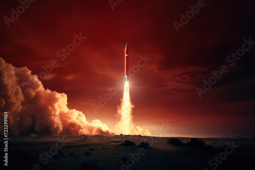 A war army rocket near the town, emanating red and fiery elements