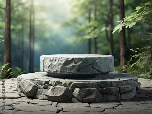 Free Photo 3d render of granite stone podium in the forest with mountain background