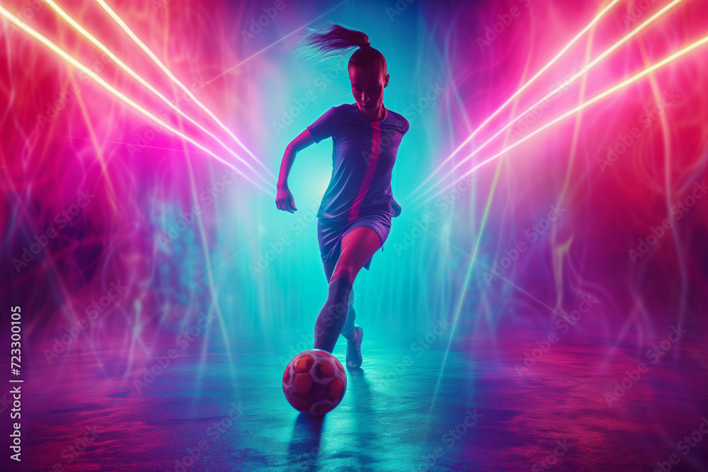 Vibrant Neon-Lit Soccer Player Training With A Football: Dynamic And Energetic Photograph With A Perfect Symmetrical Composition And Copy Space