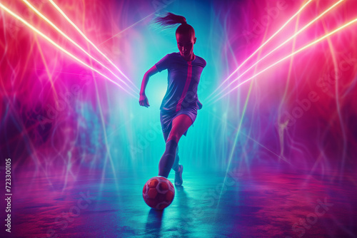 Vibrant Neon-Lit Soccer Player Training With A Football: Dynamic And Energetic Photograph With A Perfect Symmetrical Composition And Copy Space © Anastasiia