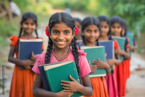 Enthusiastic Indian Schoolgirls Holding Books, Showcasing Education In Rural India