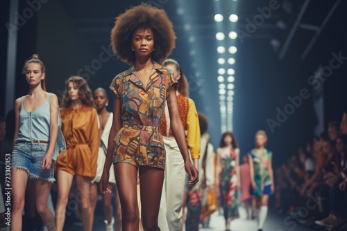 Fashion Models Grace The Runway With Unwavering Confidence And Impeccable Style: Picture-Perfect Symmetry, Captivating Center Frame, And Room To Engage