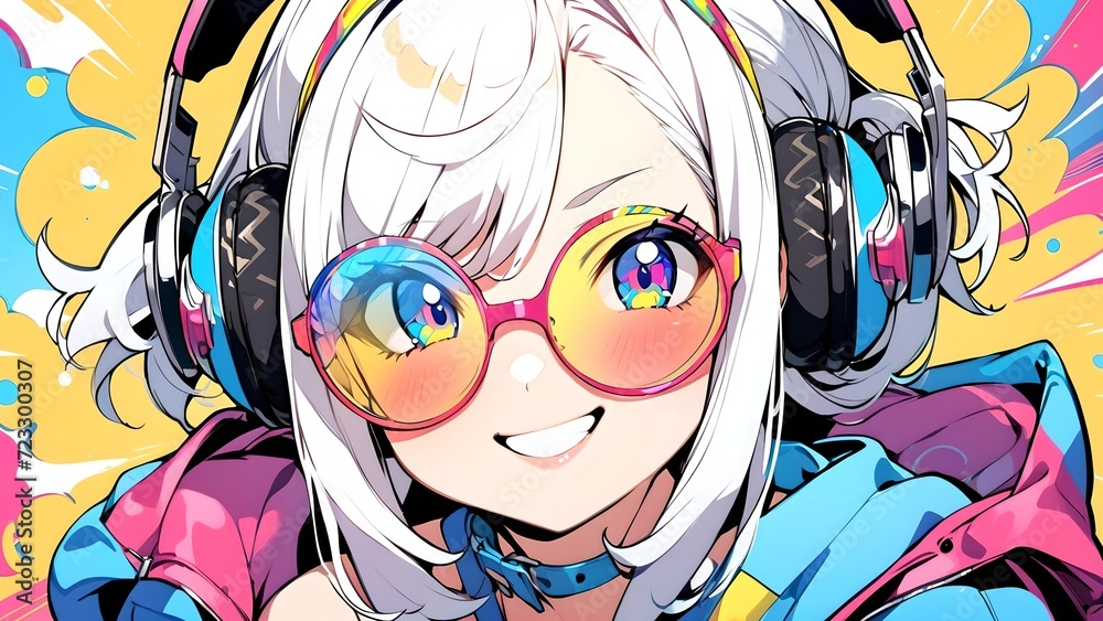 Anime girl with glasses and headphones, anime background, anime wallpaper 