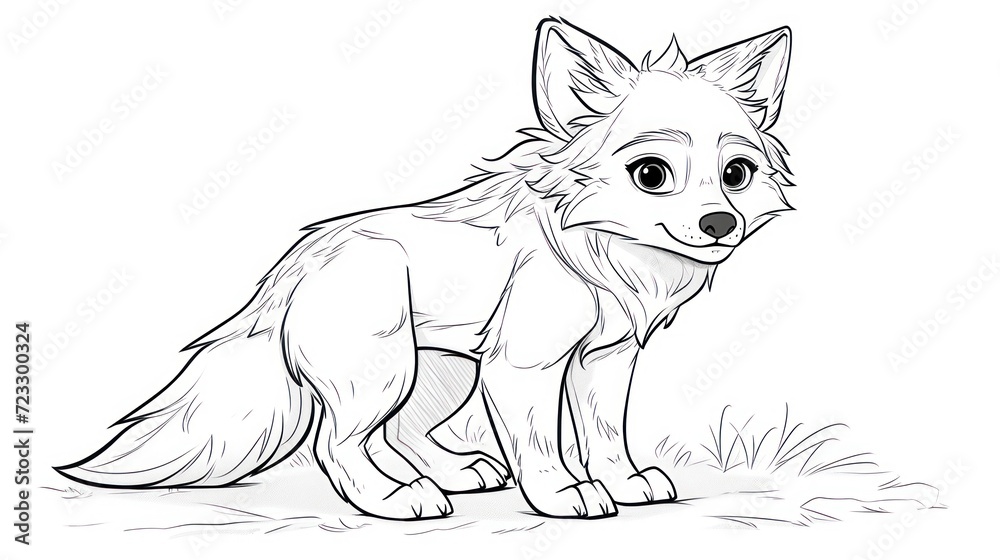  a drawing of a fox standing in the grass with a sad look on it's face, looking at the camera with a sad look on it's eyes.