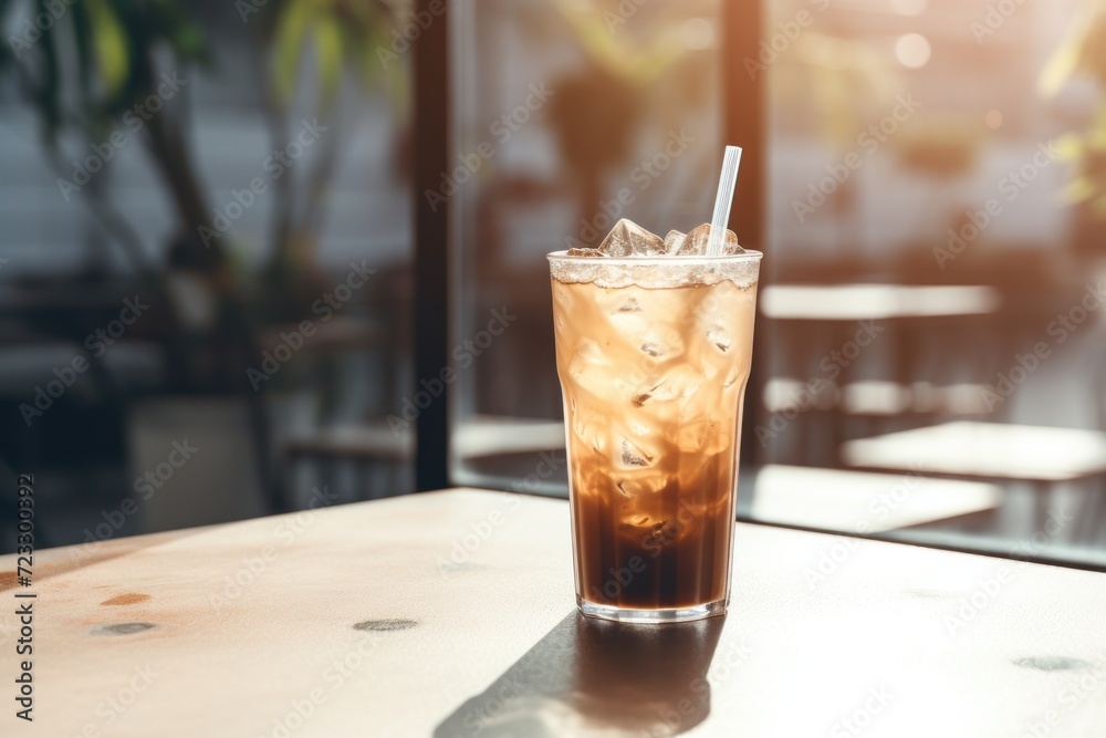 Iced coffee in a trendy cafe, bathed in morning sunlight Iced coffee in a trendy cafe, bathed in morning sunlight