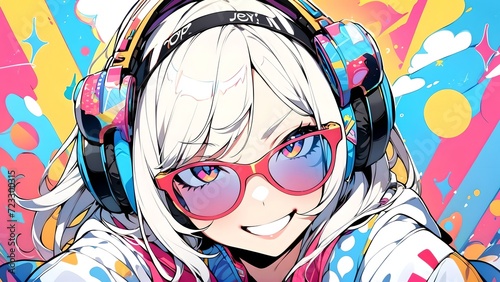 Cute anime girl in headphones and glasses, digital art, vector drawing  