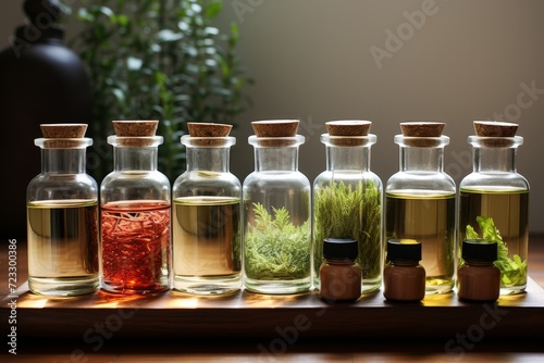 vials of essential oils and herbs on the table . The concept of health
