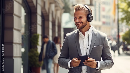 Business trip. corporate and people concept. male in a gray suit. senior with tablet and headphone.