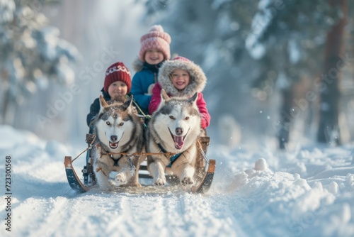 Joyful Kids Riding A Dog Sledding Team In A Beautifully Aligned Photo With Space For Text