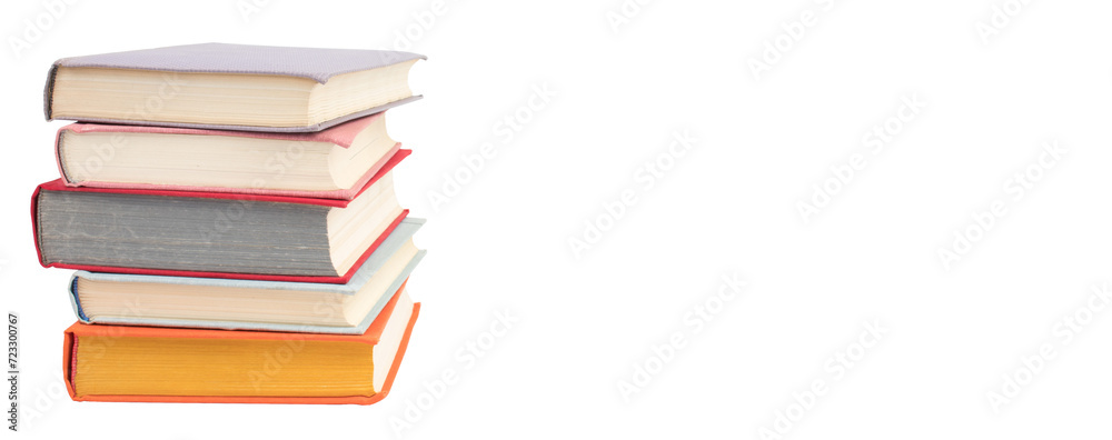 Composition with hardcover books, Books stacking, isolated on white background. Back to school. Copy Space. Education background. panorama, banner. Composition with hardcover books, Books stacking, isolated on white background. Back to school. Copy Space. Education background. panorama, banner.