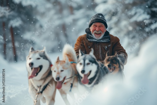 Happy Old Man Sledding In Sled Of Dogs