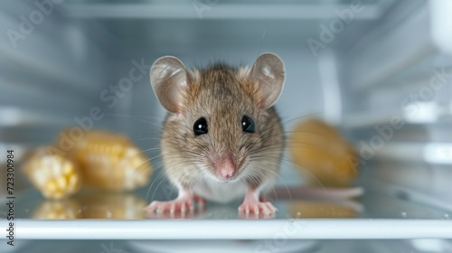 A small gray mouse with big eyes sits on an empty refrigerator shelf and look...