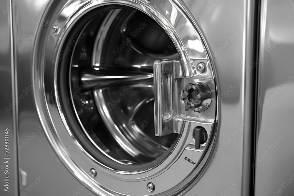 A detailed view of a washing machine with the door open. Can be used to illustrate household chores or appliance maintenance A detailed view of a washing machine with the door open. Can be used to illustrate household chores or appliance maintenance