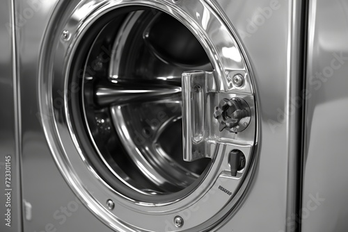 A detailed view of a washing machine with the door open. Can be used to illustrate household chores or appliance maintenance
