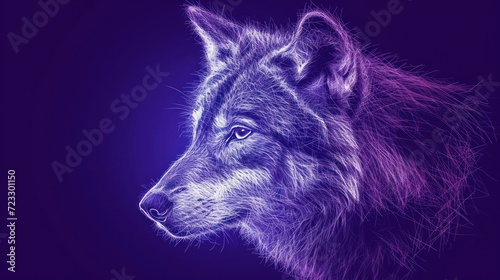  a close up of a wolf's head on a purple background with a blurry image of the wolf's head on the left side of the image.