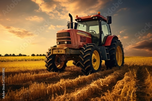 A tractor parked in a field at sunset. Perfect for agricultural, farming, or rural landscapes