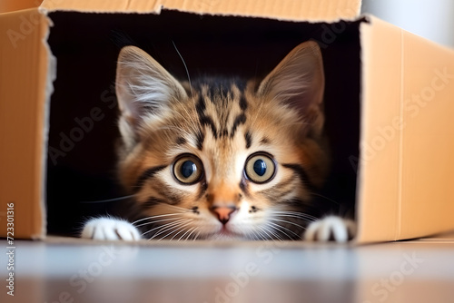 The head of a cute kitten peeks out from under a cardboard box. animal welfare