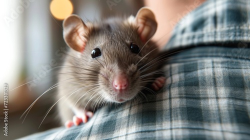 A domestic rat sits on the shoulder of its young handsome owner and looks at ...