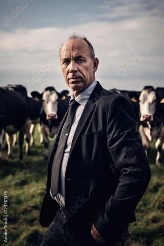 A man stands confidently in front of a large herd of cows. This image can be used to depict strength, leadership, or the relationship between humans and animals © Fotograf
