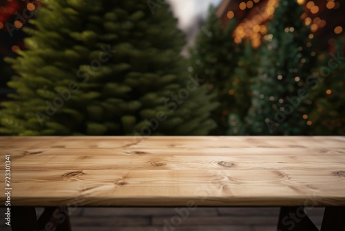 A wooden table with a Christmas tree in the background. Perfect for holiday-themed designs and festive concepts