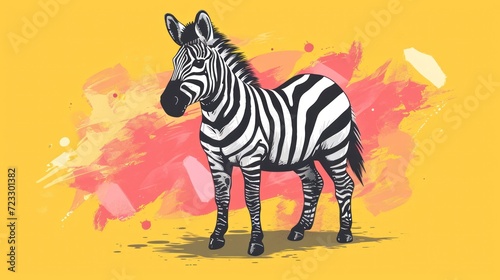  a drawing of a zebra standing in front of a pink and yellow paint splattered background with a splash of paint on the back of the zebra s head.