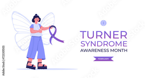 Turner syndrome awareness month. February. Girl with butterfly wings and purple ribbon. Flat vector.