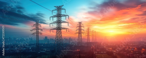 High-voltage power lines at sunset, panoramic view