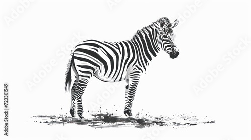  a black and white picture of a zebra standing in the grass with its head turned to the side  with a black and white drawing of a zebra in the background.
