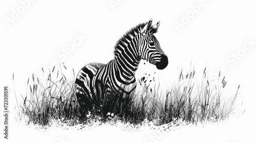  a black and white photo of a zebra standing in a field of tall grass with it s head turned to the side  with it s eyes closed.