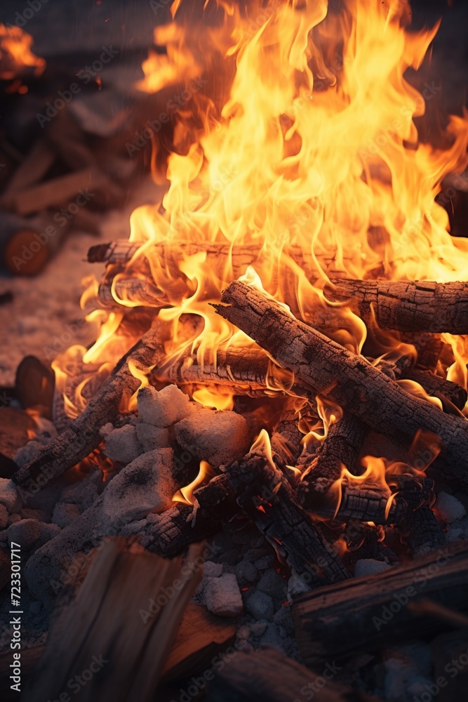 A pile of wood and fire illuminating the night. Perfect for adding warmth and ambiance to any outdoor gathering A pile of wood and fire illuminating the night. Perfect for adding warmth and ambiance to any outdoor gathering